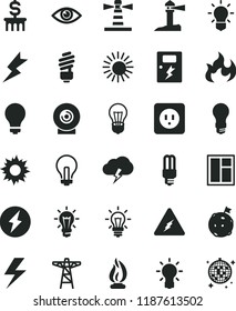 solid black flat icon set lightning vector, matte light bulb, incandescent lamp, window, saving, power socket type b, dangers, eye, storm cloud, lens, pole, mercury, lighthouse, coastal, electricity