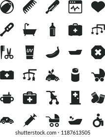 solid black flat icon set heart symbol vector, mark of injury, first aid kit, toys over the cradle, cot, mug for feeding, measuring bottle, powder, baby stroller, carriage, sitting, mercury, comb