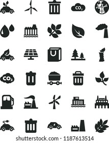 solid black flat icon set bin vector, dust, bag with handles, apple stub, solar panel, leaves, leaf, gas station, windmill, wind energy, manufacture, factory, hydroelectric, hydroelectricity, forest