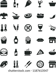 solid black flat icon set plates and spoons vector, plastic fork, iron, coffee, fried vegetables on sticks, pizza, piece of, big burger, cake, pie, a bowl rice porridge, lettuce in plate, bacon, pan