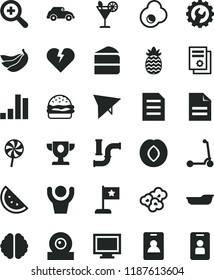 solid black flat icon set monitor window vector, scribbled paper, zoom, bath, child Kick scooter, gear, broken heart, burger, piece of cake, lollipop, popcorn, cocktail, fried egg, orange slice