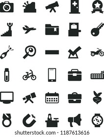 solid black flat icon set minus vector, folder bookmark, portfolio, smartphone, megaphone, beet, horseshoe magnet, calendar, cashbox, keyboard, monitor, test tube, telescope, artifical insimination