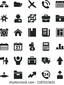 solid black flat icon set daily calendar vector, alarm clock, upward direction, growth up, upload folder, house, window, notebook, case, flowchart, suitcase, 24, phone call, operator, chart, wall