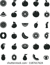 solid black flat icon set apple vector, ripe peach, pomegranate, quince, apricot, red, tasty mulberry, slice of melon, mango, half, delicious plum, water, tangerine, cherry, yellow lemon, juicy