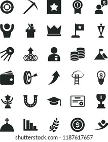 solid black flat icon set positive histogram vector, coins, square academic hat, wallet, laurel branch, award, star cup, man with medal, mountain flag, pennant, purpose, certificate, mine axe, aim