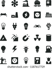 solid black flat icon set lightning vector, matte light bulb, hook, saving, power socket type b, dangers, marine propeller, coal mining, gas station, factory, barrel, hydroelectric, electric plug