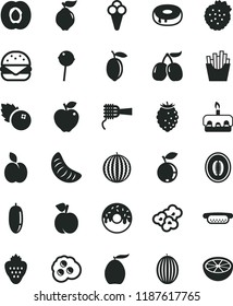 solid black flat icon set mini hot dog vector, big burger, noodles, torte, cake with a hole, glazed, Chupa Chups, French fries, popcorn, cone, omelette, blueberries, strawberry, strawberries, apple