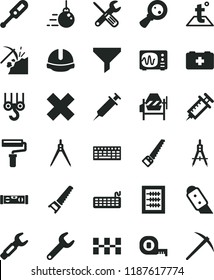 solid black flat icon set paint roller vector, cross, new abacus, electronic thermometer e, bag of a paramedic, winch hook, big core, concrete mixer, small tools, hand saw, arm, measuring tape