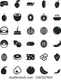 solid black flat icon set cake vector, sausage, piece of cheese, big burger, slice, with a hole, glazed, hot porridge, popcorn, fried egg, blueberries, strawberry, orange, half pomegranate, quince