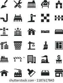 solid black flat icon set house vector, wicker pot, box of bricks, tower crane, building trowel, concrete mixer, window, small tools, wooden paint brush, siphon, level, buildings, tile, brick, block