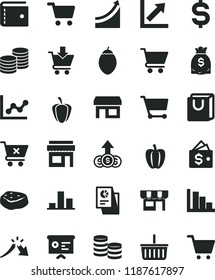 solid black flat icon set grocery basket vector, purse, graph, growth chart, positive histogram, cart, put in, crossed, bag with handles, kiosk, coins, piece of meat, tamarillo, Bell pepper, ripe
