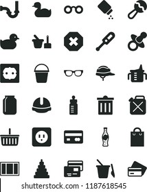 solid black flat icon set bin vector, mark of injury, grocery basket, dummy, measuring cup for feeding, bottle, baby powder, beanbag, electronic thermometer e, rubber duck, duckling, stacking toy, f