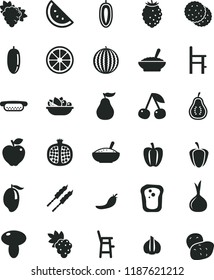 solid black flat icon set a chair for feeding vector, child, mini hot dog, mushroom, bowl of buckwheat porridge, rice, plate fruit, barbecue, orange slice, biscuit, sandwich, cherry, grape, branch
