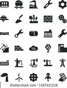 solid black flat icon set repair key vector, brickwork, brick wall, hook, cogwheel, trowel, building level, helmet, commercial seaport, oil derrick, working, coal mining, modern gas station, factory