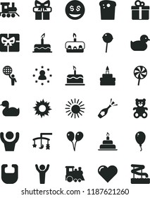 solid black flat icon set toys over the cradle vector, bib, rubber duck, baby duckling, teddy bear, toy train, children's, colored air balloons, balloon, cake, birthday, heart, gift, Easter, torte