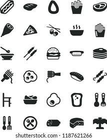 solid black flat icon set plates and spoons vector, a chair for feeding, plastic fork, iron, sausage, stick of, cheese, piece pizza, Hot Dog, mini, burger, spaghetti, noodles, porridge, bacon, chop
