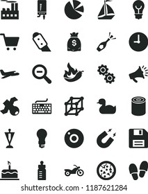 Solid Black Flat Icon Set Camera Vector, Floppy Disk, Keyboard, Zoom Out, Feeding Bottle, Rubber Duck, Knife, Electronic Boiler, Wall Clock, Bulb, Cake, Tin, Pizza, Hot Pepper, Light, Dollars, Horn