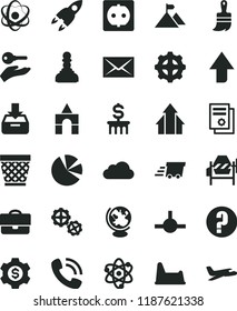 solid black flat icon set envelope vector, wicker pot, upward direction, question, potty chair, box of bricks, gears, concrete mixer, wooden paint brush, put in a, power socket, gear, portfolio