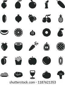 solid black flat icon set onion vector, piece of meat, cucumber, tomato, French fries, glass, a pineapple, orange, apple, branch grape, quince, pear, strawberry, medlar, tasty cornels, loquat, half