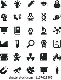 solid black flat icon set vector e, books, flask, test tube, microscope, telescope, molecule, nuclear, zoom, dna, bulb, bactery, book, globe, magnet, flame, scientist, graduate hat, growth graph