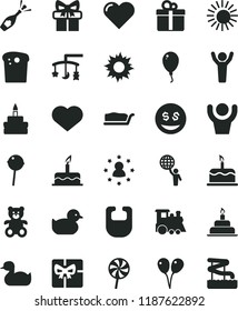 solid black flat icon set heart symbol vector, toys over the cradle, bib, rubber duck, baby duckling, teddy bear, children's train, colored air balloons, balloon, cake, birthday, gift, Easter, slice