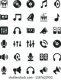 solid black flat icon set desktop microphone vector, horn, loudspeaker, silent mode, drumroll, drum, bell, headphones, music, CD, regulator, volume, phone call, megaphone, pc card, speaker, note