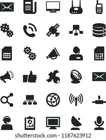 solid black flat icon set monitor window vector, envelope, horn, thumb up, screen, big data, phone call, gears, satellite antenna, SIM card, connections, statistical overview, scheme, hierarchical