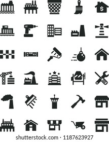 solid black flat icon set house vector, wicker pot, tower crane, big core, building trolley, concrete mixer, small tools, cordless drill, paint roller, wooden brush, level, city block, ceramic tiles