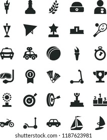 solid black flat icon set bath ball vector, motor vehicle, present, Kick scooter, child, warm hat, car, pedestal, stopwatch, flame torch, laurel branch, winner podium, prize, cup, pawn, star reward