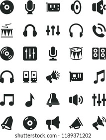 solid black flat icon set bell vector, desktop microphone, horn, loudspeaker, drumroll, drum, headphones, music, CD, regulator, volume, no sound, phone call, megaphone, pc card, speaker, note