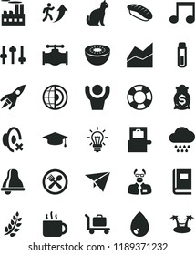 solid black flat icon set bell vector, silent mode, line chart, cloud, drop, japanese sushi, cup of tea, kiwi, valve, industrial building, light bulb, note, test tube, settings, book, scientist