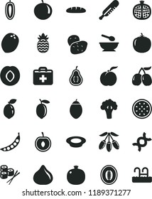 solid black flat icon set first aid kit vector, mercury thermometer, deep plate with a spoon, loaf, of milk, sushi set, ripe peach, pomegranate, half, plum, fig, tasty cornels, goji berry, melon