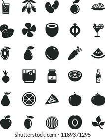 solid black flat icon set piece of pizza vector, onion, tomato, beet, carrot, a glass soda, tea, cocktail, bottle, jar jam, orange, pear, red apple, plum, half medlar, blueberry, water melon, mango