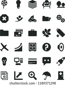 solid black flat icon set mark of injury vector, bank card, zoom, loudspeaker, add label, bedside table, growth chart, question, gears, concrete mixer, bulb, umbrella, pile, cards, lollipop, light