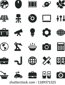 solid black flat icon set camera vector, plates and spoons, window frame, siphon, bulb, writing accessories, earth, case, porridge in a saucepan, solar panel, planet, electric car, robot welder