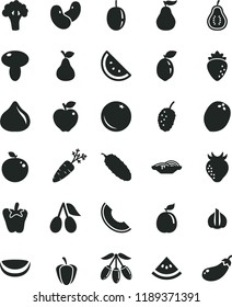 solid black flat icon set slices of onion vector, mushroom, cucumber, peper, pear, orange slice, red apple, raspberry, strawberry, cornels, fig, tasty mulberry, melon, goji berry, passion fruit