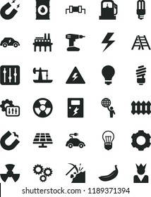 solid black flat icon set lightning vector, danger of electricity, matte light bulb, drill, ladder, saving, dangers, new radiator, regulator, banana, solar panel, oil derrick, coal mining, mercury