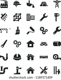 solid black flat icon set house vector, repair key, dwelling, small tools, arm saw, measuring tape, new roller, wooden paint brush, sewerage, building level, city block, construction helmet, spatula