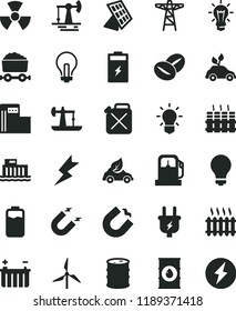 solid black flat icon set matte light bulb vector, incandescent lamp, lightning, radiator, coffee beans, charge level, charging battery, oil derrick, working, gas station, modern, windmill, barrel