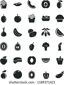 solid black flat icon set cheese vector, slices of onion, cake, lettuce in a plate, peper, French fries, fried potato, orange slice, half apricot, red apple, blueberry, tasty mulberry, melon, peach