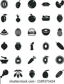 solid black flat icon set deep plate with a spoon vector, burger, pie, lettuce in, chicken leg, cucumber, beet, carrot, orange, raspberry, medlar, blackberry, tasty, mulberry, melon, half of mango