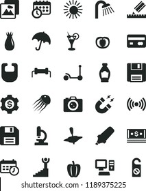 solid black flat icon set floppy disk vector, bib, small yule, Kick scooter, shower, drawing, picture, umbrella, bottle, rose hip, half tomato, Bell pepper, reverse side of a bank card, cash, magnet