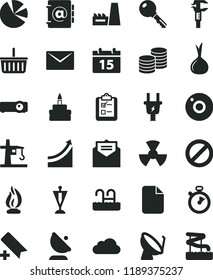 solid black flat icon set camera vector, prohibition, add bookmark, grocery basket, calendar, envelope, received letter, key, address book, survey, coins, birthday cake, onion, electric plug, cloud