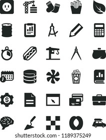 solid black flat icon set briefcase vector, scribbled paper, warm socks, crane, tower, building trowel, power socket type b, tile, big data, cards, Hot Dog, French fries, cup of popcorn, half peach