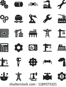 solid black flat icon set repair key vector, crane, tower, cogwheel, working oil derrick, valve, manufacture, factory, hydroelectric station, power line, pole, industrial building, enterprise, gear