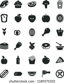 solid black flat icon set measuring bottle for feeding vector, plates and spoons, sausage, piece of pizza, Hot Dog, noodles, muffin, cake with a hole, chicken leg, thigh, bacon, peper, French fries