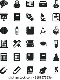 solid black flat icon set calculator vector, new abacus, stacking toy, e, books, writing accessories, book, notebook, drawer, round flask, magnet, scribed compasses, pencil, on statistics, test tube