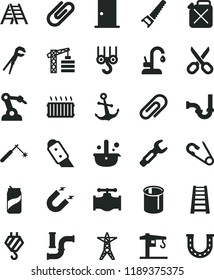 solid black flat icon set scissors vector, clip, open pin, crane, tower, hook, winch, adjustable wrench, hand saw, stepladder, ladder, sewerage, ntrance door, knife, kitchen faucet, anchor, soda can