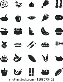 solid black flat icon set deep plate with a spoon vector, plastic fork spoons, iron, canned goods, fried vegetables on sticks, onion, slices of, noodles, cake, apple pie, bowl buckwheat porridge