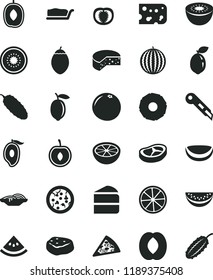 solid black flat icon set stationery knife vector, piece of cheese, pizza, slices onion, cake, slice, bacon, meat, cucumber, water melon, half mango, delicious plum, peach, cherry, lemon, kiwi